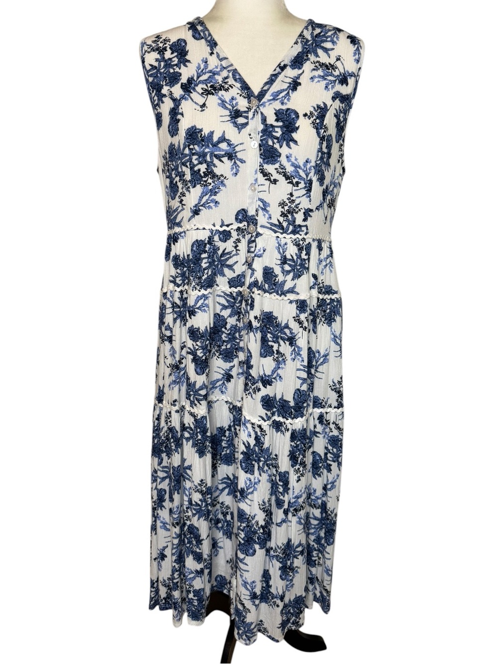 Papa Vancouver Sleeveless White Midi Dress with Blue Floral Print - Button Down